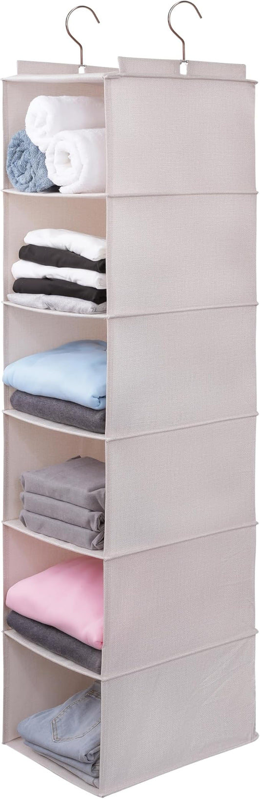 Large Hanging Sweater Organizer for Closet,Collapsible 6-Shelf Hanging Closet Shelves with Drawers, Washable (Beige -6 Shelf)