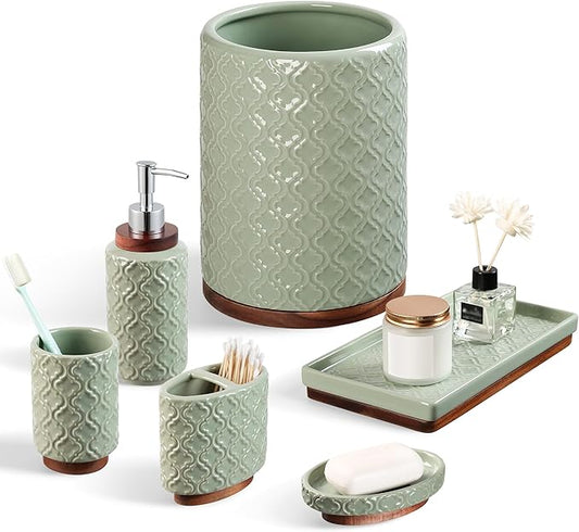 Elegant Bathroom Accessories Set 6 PCS Ceramic and Wood Bathroom Accessory Set Soap Dispenser Toothbrush Holder Tumbler Soap Dish Tray Trash Can Easy to Clean Quatrefoil Pattern Green