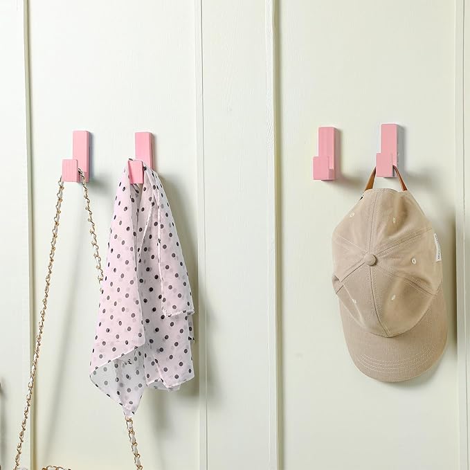 6 Pack Cute Kids Coat Wall Hooks Wooden Adhesive Decorative Colorful Wall Mounted Hangers Backpack Hooks for Hanging Keys Towel Clothes Bathroom Organization(Pink)
