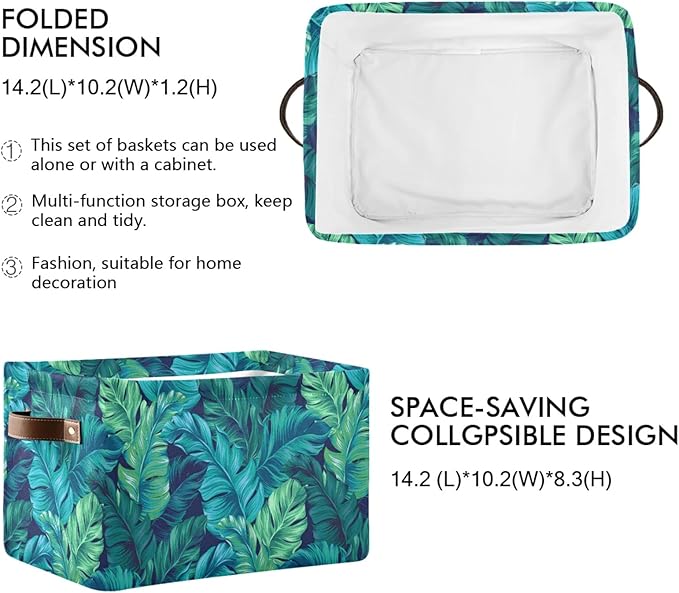 Bolaz Large Storage Basket Turquoise Tropical Leaves Green Foldable Storage Box Organizer Bins with Handles for Bedroom Home Office