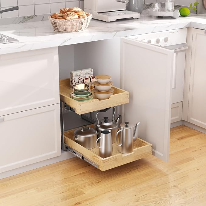 Wood Pull Out Cabinet Organizer 2 Tie 17" W x 21" D, Heavy-Duty Sliding Drawers for Inside Cabinets Storage and Organization for Kitchen, Pantry, Bathroom