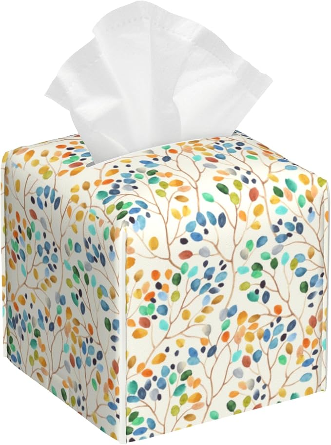 Tissue Box Holder Colorful Leaves Spots on Branches Square Leather Tissue Box Cover Modern Cube Facial Paper Cover Case for Bathroom Vanity Countertop Night Stands Tabletop