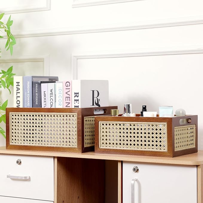 Rattan Storage Basket Large Handmade Woven Storage Bin for Organizing Decorative Wooden Box for Rustic Farmhouse Decor Home Office Tabletop Shelf Organizer, 13.8"L x 9.8"W x 6.3"H