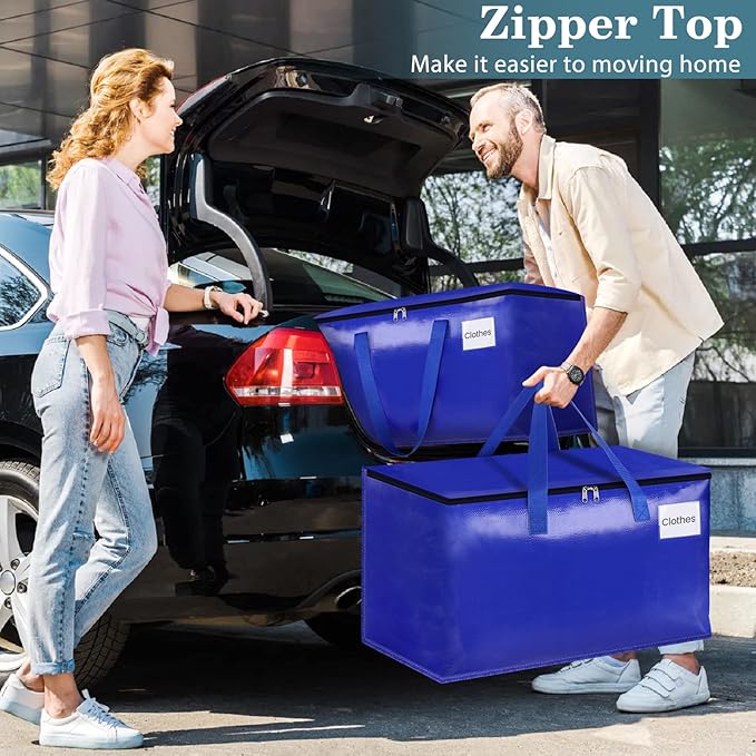 HomeHacks Moving Bags, 8-Pack Heavy Duty with Strong Zippers and Handles Collapsible Moving Supplies, Storage Totes for Packing & Moving Storing 93L-8 Pack (Blue)