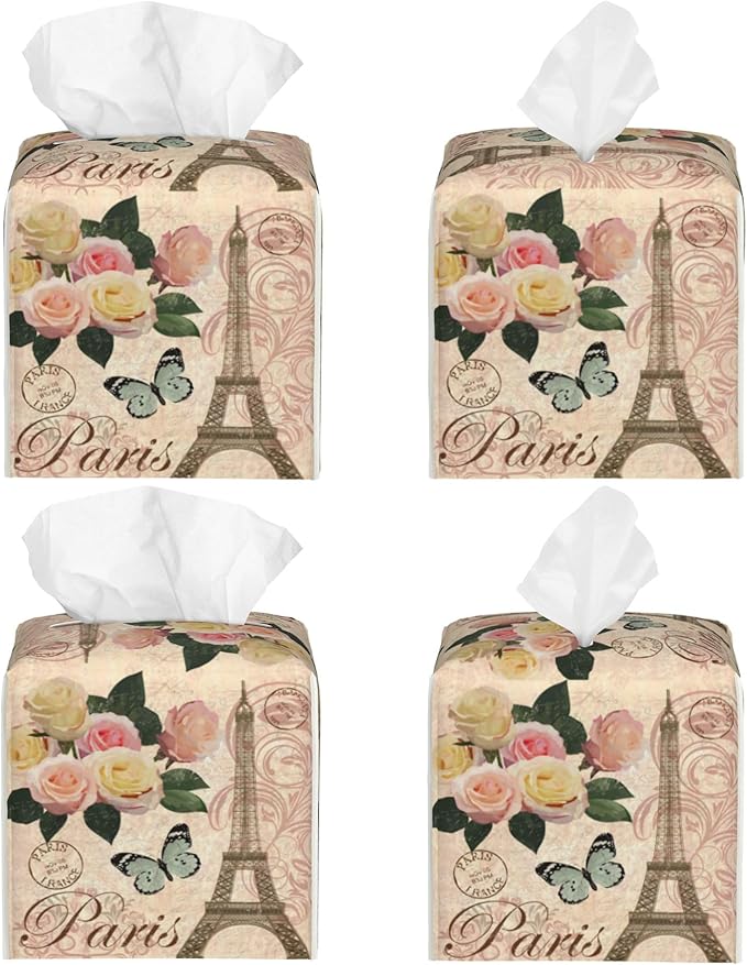 Vintage Paris with Rose Tissue Box Cover Leather Tissue Box Holder Square Facial Paper Organizer Dispenser for Bathroom Kitchen Bedroom Vanity Countertop Night Stands