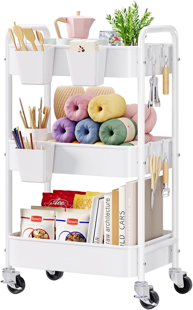 3 Tier Rolling Cart Metal with Wheels, White Three Tiered Storage Cart on Wheels, Utility Trolley Carts Organizer for Kitchen Storage, Pantry, Snack, Craft, Art, Lash, Makeup, Bathroom, Dorm Supply