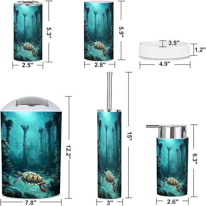 6 Piece Bathroom Accessories Set Bioluminescent Sea Turtle Underwater Surrealism Trash can Toilet Brush Holder Toothbrush Holder Toothbrush Cup Soap Dispenser Soap Dish for Home