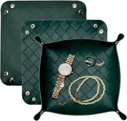 UnionBasic Small Valet Tray, Jewelry Tray for Rings Watches Earrings, Entryway Catchall Caddy for Coins Keys Change, Nightstand Bedside Valet Holder, Trays for Electronic Gadgets, Woven Vintage Green