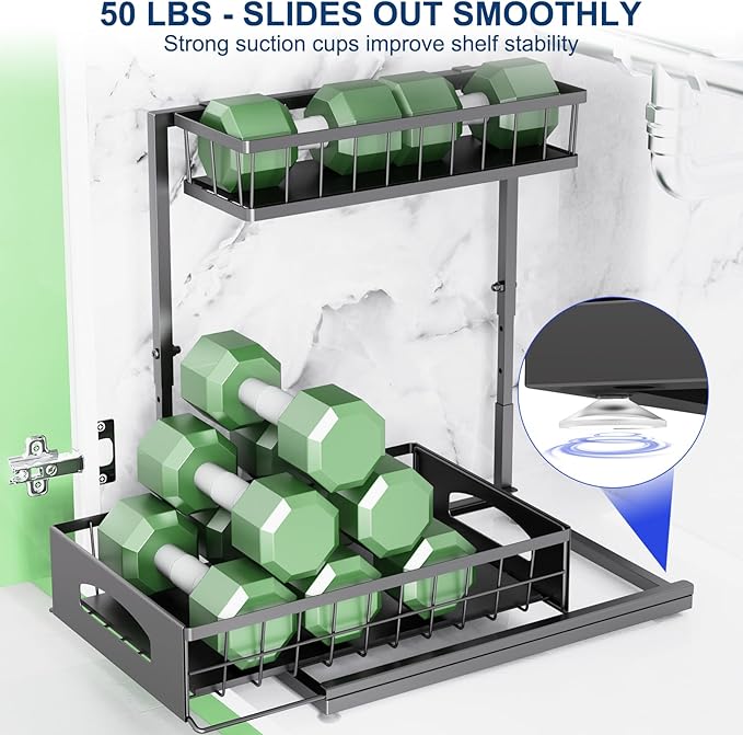 Under Sink Organizer, 2 Packs Height Adjustable Under Sink Storage, Pull Out Cabinet Storage Shelves, Slide Out Drawer for Kitchen Bathroom Pantry. (Black, 2 Pack)