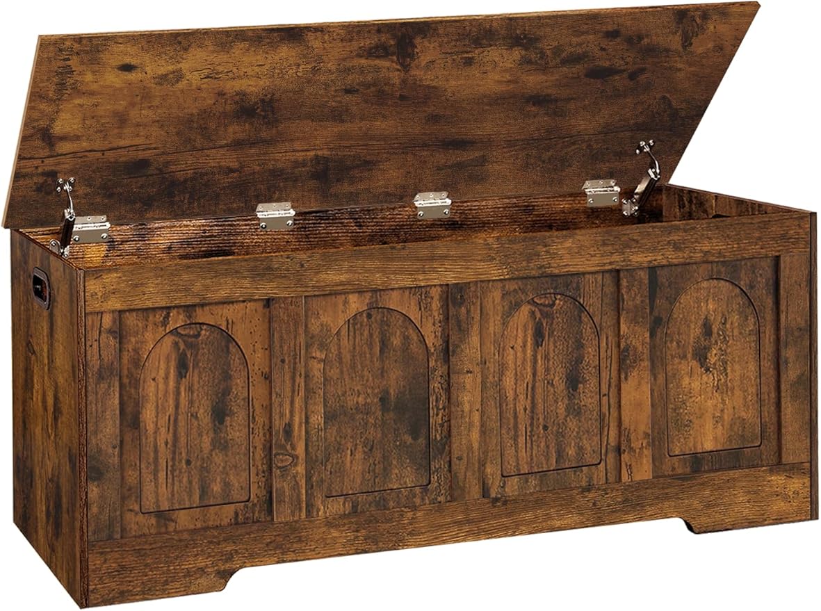 DINZI LVJ Storage Chest, 47.2âWooden Storage Box with 2 Safety Hinges, Entryway Shoe Bench with Flip-Top, Large Trunk for Living Room, Bedroom, Easy Assembly, Rustic Brown