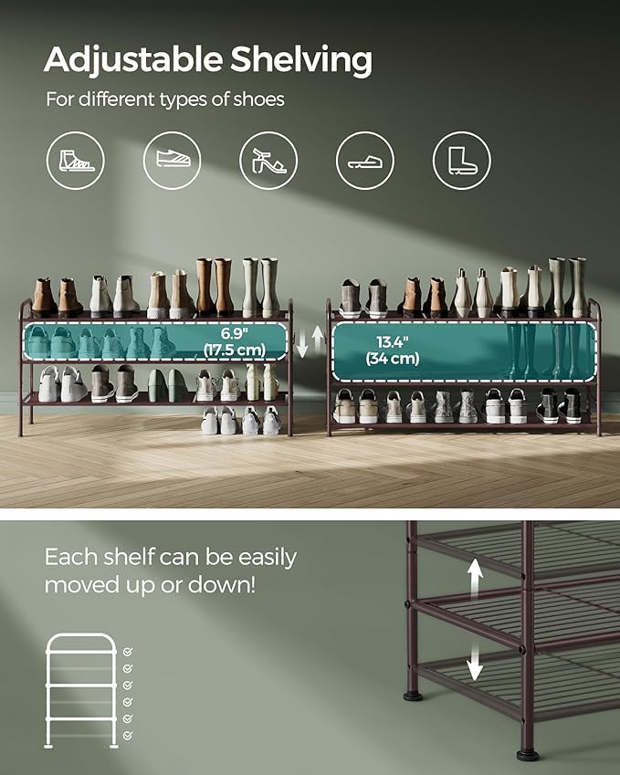 SONGMICS Shoe Rack, 3-Tier Shoe Organizer, Metal Shoe Shelf Storage with 4 Side Hooks, Holds 18 Pairs of Shoes, Height-Adjustable Shoe Rack for Entryway, Hallway, Closet, Chestnut Brown ULMR131A01