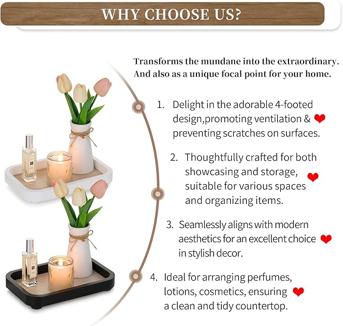 Hanobe Bathroom Vanity Perfume Tray: White Decorative Dresser for Women - Wood Stand Riser Rectangular for Home Decor - Pedestal Counter Display