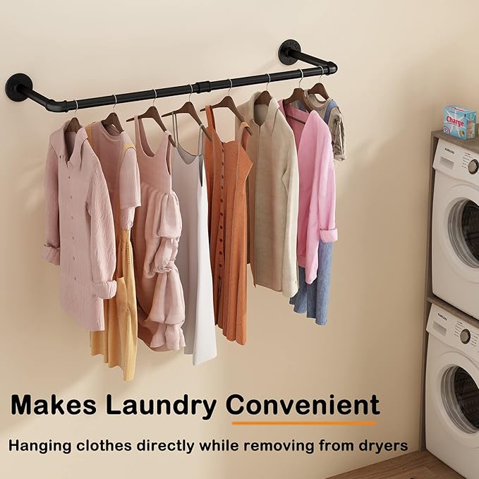 Wall Mounted Clothes Rack 24in, Industrial Pipe Wall Mount Clothing Rack, Heavy Duty Iron Garment Racks, Space Saver Multi-purpose Hanging Rod for Laundry Room, Closet Storage, 2 Packs
