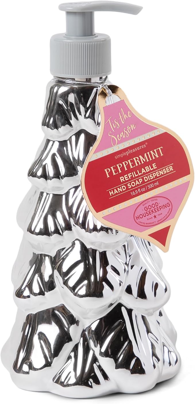 Simple Pleasures Metallic Christmas Tree Set of 2 Holiday Soap Dispenser with Scented Liquid Soap - Decorative Hand Pump Refillable Soap Dispensers for Kitchen and Bathroom Sinks