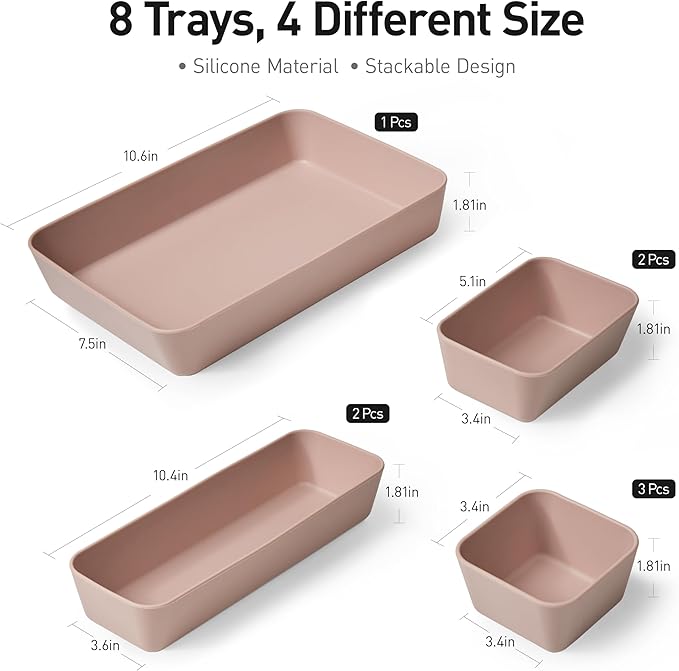 ISSEVE 8Pcs Nesting Silicone Drawer Organizer Trays, 4 Size Versatile Vanity Bathroom & Desk Drawer Organizer Set Storage Bins for Office,Kitchen,Nightstand,Pink