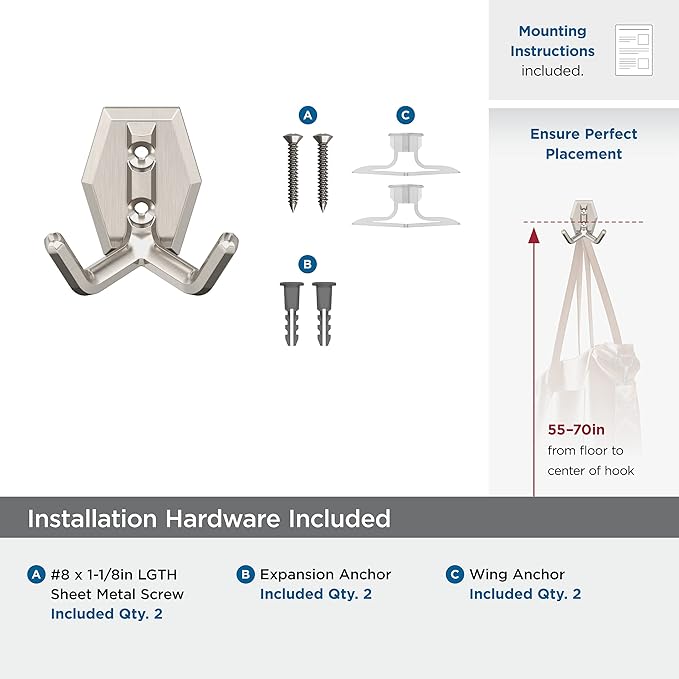 Amerock H37008G10 | Benton Double Prong Decorative Wall Hook | Satin Nickel Hook for Coats, Hats, Backpacks, Bags | Hooks for Bathroom, Bedroom, Closet, Entryway, Laundry Room, Office