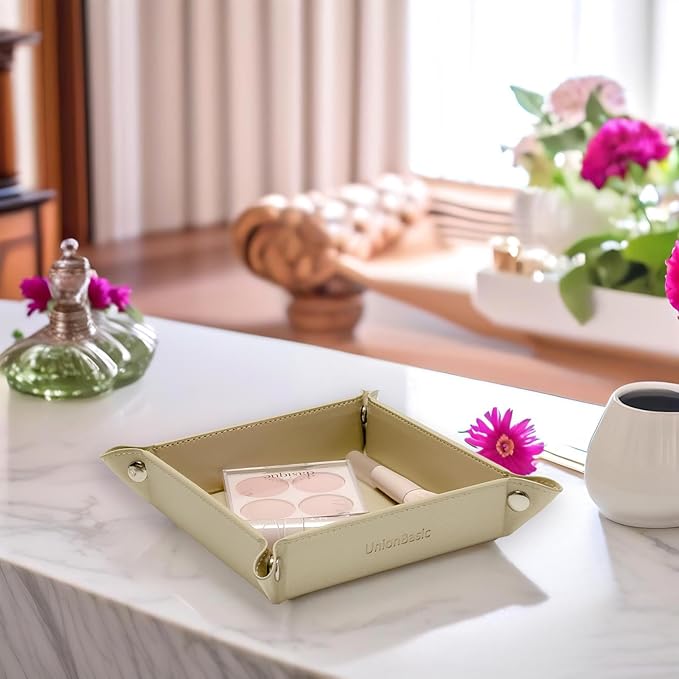 UnionBasic Small Valet Tray, Jewelry Tray for Rings Watches Earrings, Entryway Catchall Caddy for Coins Keys Change, Nightstand Bedside Valet Holder, Trays for Electronic Gadgets, Pale Gold
