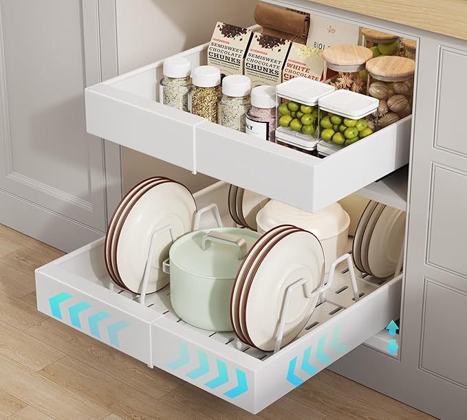 2 Pack Pull out Cabinet Organizer 21" Deep With Raising Pad for Framed Cabinets, Expandable Slide out Drawers for Kitchen Cabinets with 4pcs Divider Racks, Roll out Shelves 9"-14" W White