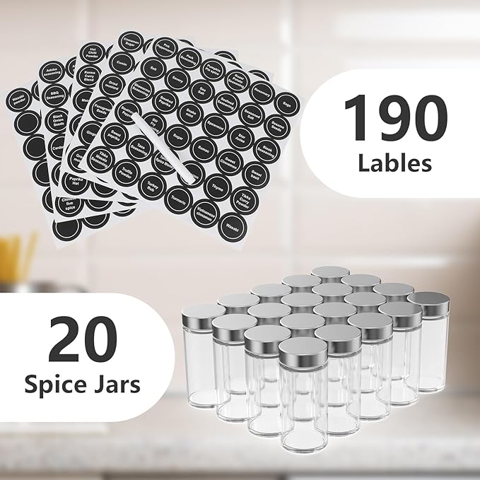 Rotating Spice Rack Organizer, Spice Tower for Countertop, Revolving Spice Rack Set for Cabinet, Silver Steel Kitchen Seasoning Organizer with 20 Jars and Funnel
