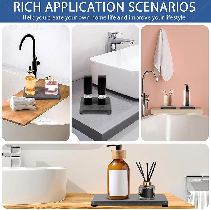 4PCS Water Absorbing Stone Tray, Quick Drying Diatomite Stone Sink Tray, Water Absorbent Diatomite Coasters Used for Hand Soap Dispenser Toothbrush Sponges Holders in Bathroom Counter and Kitchen Sink