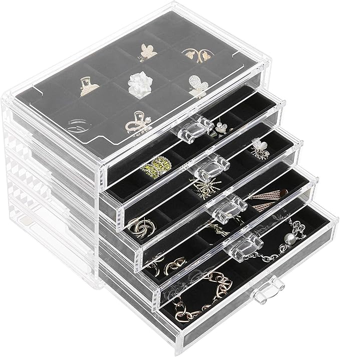misaya Earring Jewelry Organizer with 5 Drawers, Birthday Present, Clear Acrylic Jewelry Box for Women, Velvet Earring Display Holder for Earrings Ring Bracelet Necklace, Black