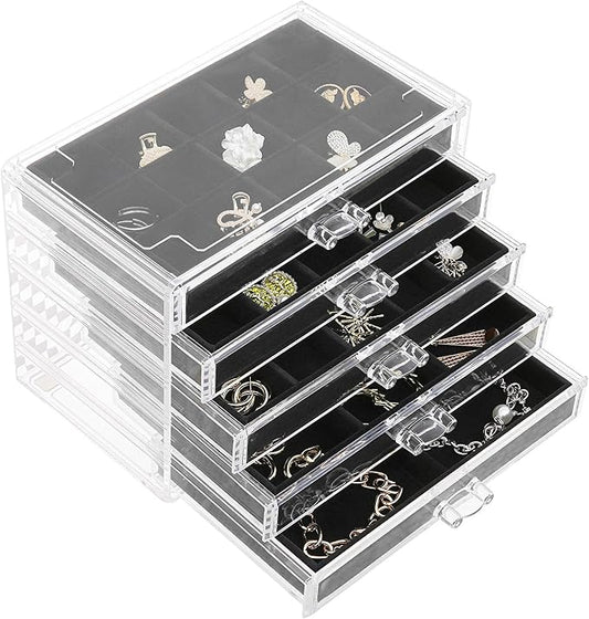 misaya Earring Jewelry Organizer with 5 Drawers, Birthday Present, Clear Acrylic Jewelry Box for Women, Velvet Earring Display Holder for Earrings Ring Bracelet Necklace, Black