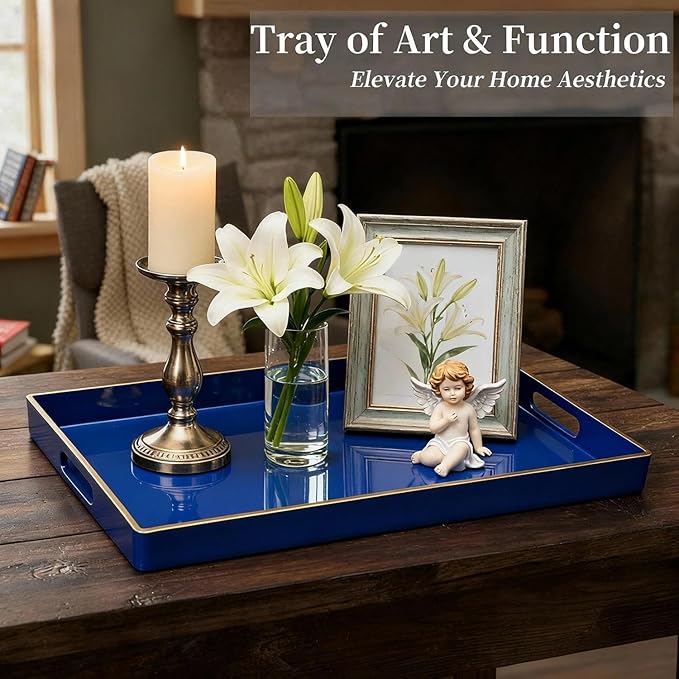 Zosenley Decorative Tray, Rectangular Plastic Tray with Handles, Modern Vanity Tray and Serving Tray for Bathroom, Kitchen, Ottoman and Coffee Table, 15.6â x 10.2â (Drak Blue)