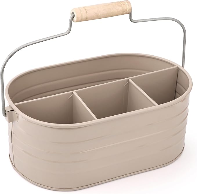 Alpha Living Home Multi-Functional Utensil Silverware Caddy – 4-Compartment Organizer for Kitchen, Party & Office – Durable Beige Powder-Coated Iron Alloy with Wooden Handle