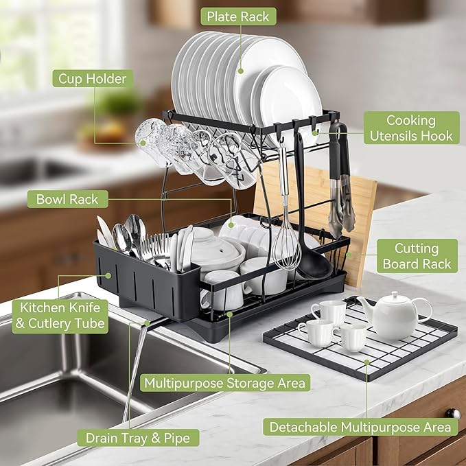 Dish Drying Rack for Kitchen Counter - 3 Tiers Stainless Steel Over Sink Dish Drainers, Space Saving Detachable Large Countertop Organizer with Utensil Holder, Cutting Board Rack (Black)