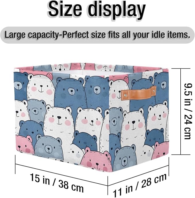 Cute Storage Bins for Organization, Canvas Book Storage Bins Handles, Bedroom Shelves Decorative Baskets for Organizing, Fabric Cube Bin Classroom Dorm Closet Organizer Box (Cute Bear)