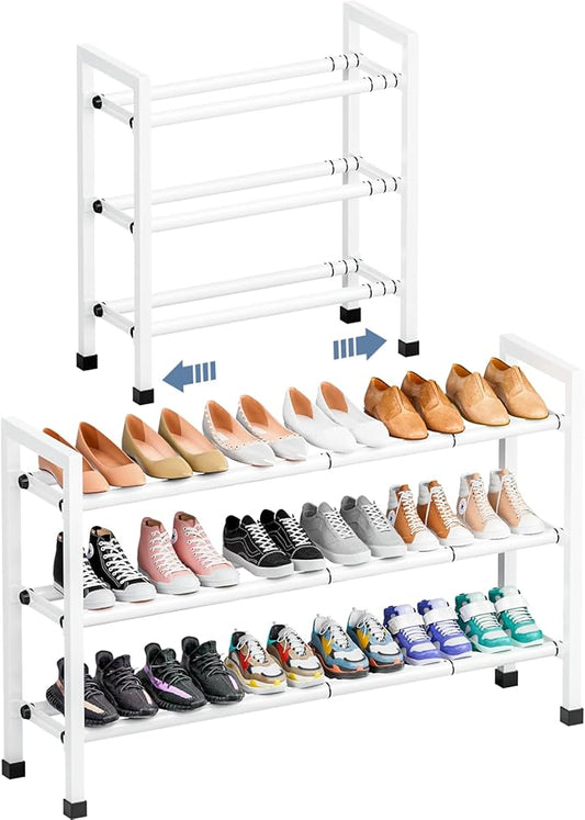 Mavivegue 3-Tier 19"-43.3" Adjustable Shoe Rack for Closet,Expandable Shoe Rack, Hall Entryway,Front Door,Garage, Sturdy Steel Space-Saving Rack, White