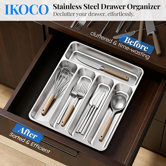 IKOCO Silverware Organizer Stainless Steel Utensil Drawer Organizer with 5 Compartments for Kitchen, Dishwasher Safe, Holds Spoons Forks Knives (13.8" x 11.4", Silver)