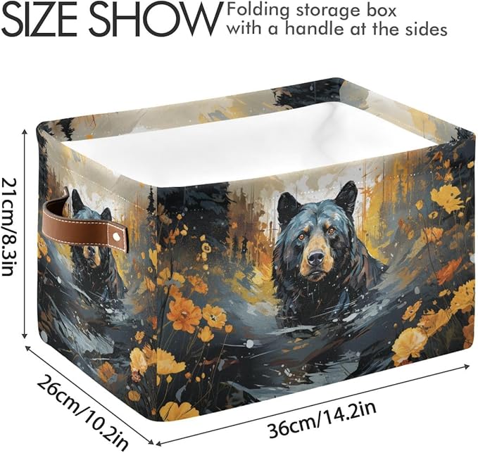 Storage Basket Black Bear in The Forest Durable Canvas Collapsible Toy Box Organizer Bin with Handles for Shelf Closet Bedroom Home Office