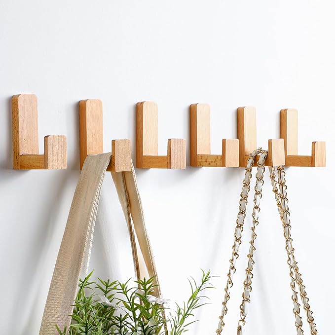 6 Pack Cute Kids Coat Wall Hooks Wooden Adhesive Decorative Colorful Wall Mounted Hangers Backpack Hooks for Hanging Keys Towel Clothes Bathroom Organization(Wood Color)