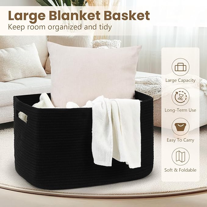 95L Large Blanket Basket, Woven Storage Baskets with Reinforced Handles, Rope Laundry Basket for Living Room, Bedroom, Nursery, Toys, Clothes,Pillows, 24â x 17â x 13.5â, Black