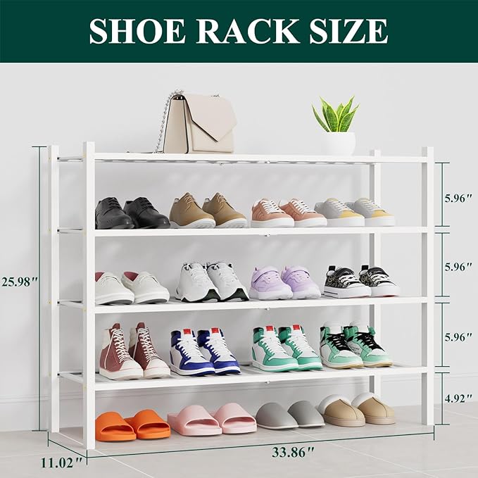 Smiry Shoe Rack, 4 Tier Thick Long Bamboo Shoe Organizer, Stackable Free Standing Wooden Shoe Storage Shelf for Closet, Entryway, Front Door Entrance, White