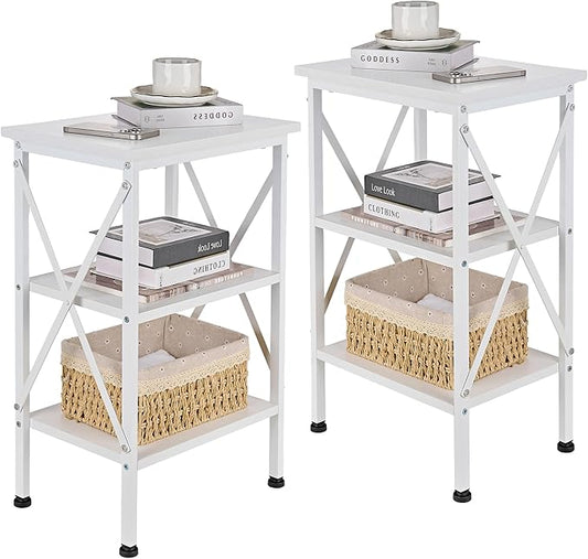 VECELO End Table, 24" Tall Wood Living Room X-Design Reinforced Side Tables, Nightstands with 3-Tier Wood Storage Shelves for Small Spaces, Office, Bathroom, Bedroom, Pearl White, 2 Pack