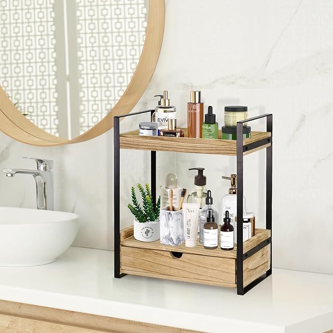 2-Tier Bathroom Organizer Countertop with Drawer, Wood Counter Shelf for Storage, Vanity Tray for Organization and Decor, Countertop Organizer for Bathroom, Kitchen, Office (Brown)