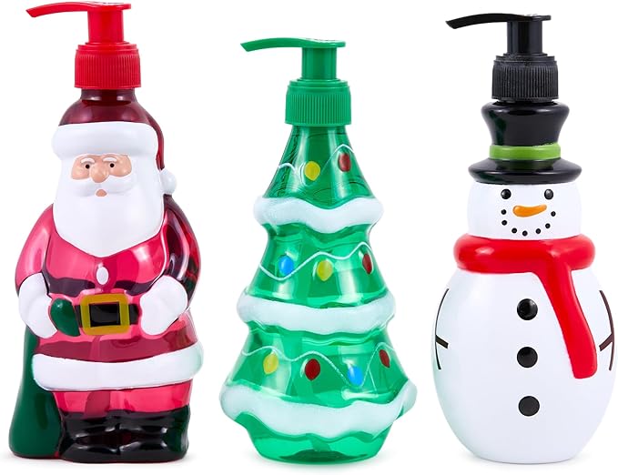 Simple Pleasures Snowman, Santa & Christmas Tree 3 Pack: Holiday Apple, Balsam Fir & Snow Scented Decorative Refillable Soap Dispensers for Kitchen Countertops and Bathroom Sinks