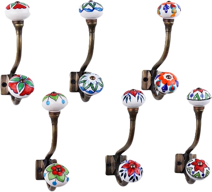 Indian Shelf Pack of 12 Heavy Duty Double Prong Multicolor Decorative Coat Hooks Unique Coat Rack Wall Mount Ceramic Wall Hooks for Hanging Towel Holder Backpack Purse Hanger- Style 10