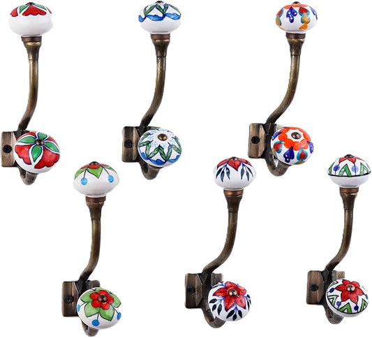 Indian Shelf Pack of 12 Heavy Duty Double Prong Multicolor Decorative Coat Hooks Unique Coat Rack Wall Mount Ceramic Wall Hooks for Hanging Towel Holder Backpack Purse Hanger- Style 10