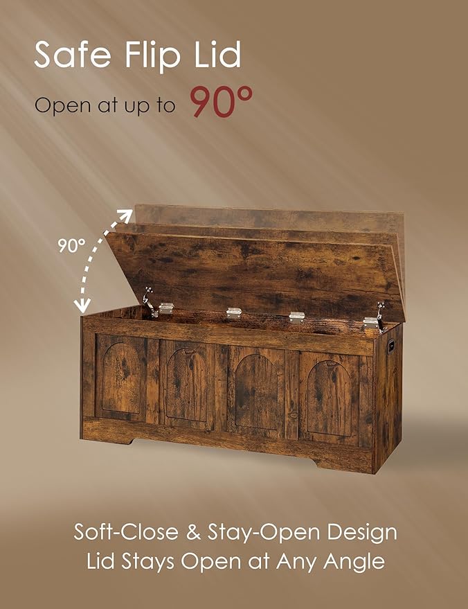 DINZI LVJ Storage Chest, 47.2âWooden Storage Box with 2 Safety Hinges, Entryway Shoe Bench with Flip-Top, Large Trunk for Living Room, Bedroom, Easy Assembly, Rustic Brown