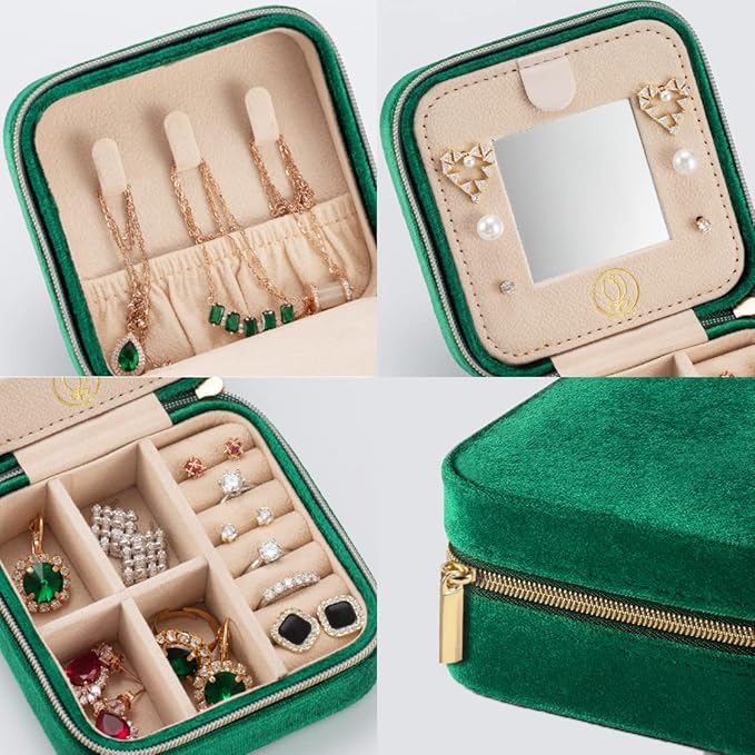 Plush Velvet Travel Jewelry Case, Organizer, Box, Small Case for Women, Earring Organizer with Mirror, Best Gifts For Daughter, Girlfriend, Mom | Gifts For Her - Emerald Green