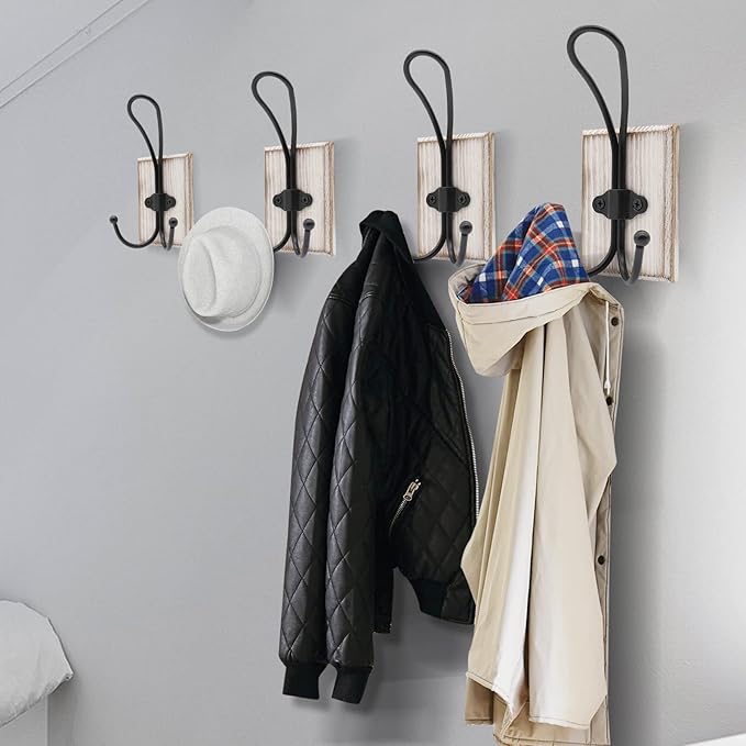 Wall Hooks for Hanging Heavy Duty, 2 Pack Farmhouse Double Towel Hooks for Bathrooms Wall Mounted, Rustic Decorative Wood Coat Hooks Hanging Keys Robe Hat for Kitchen, Entryway (Weathered White)