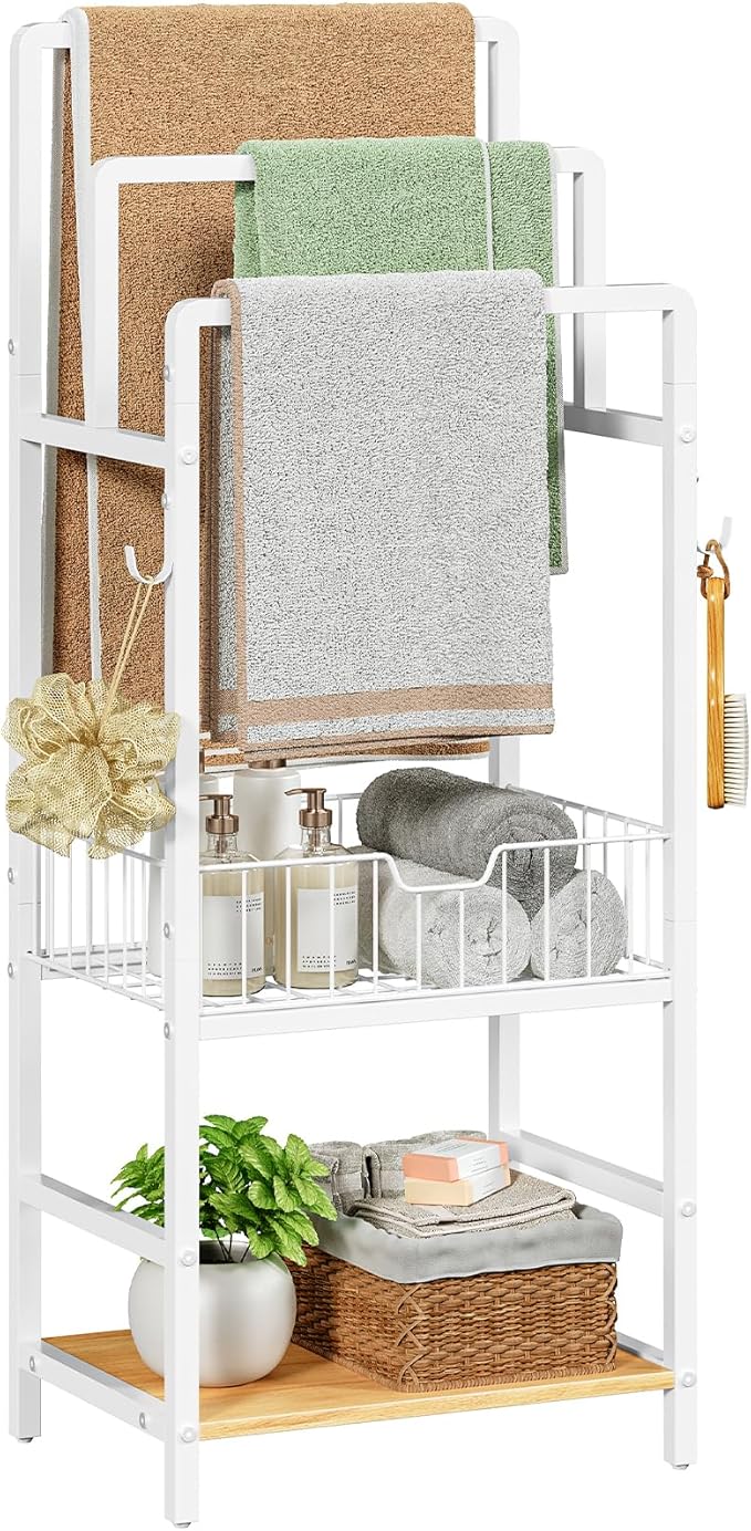 HOOBRO Free Standing Towel Rack, Blanket Rack with 3 Towel Bars, Storage Basket and Shelf, Towel Holder with Hook, Blanket Organizer, for Bathroom and Laundry, White and Natural WN13LB01