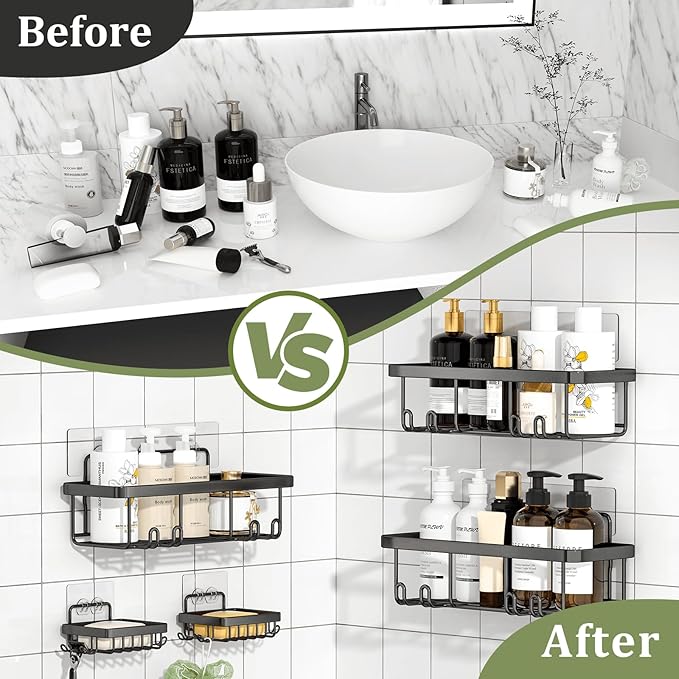 Adhesive Shower Caddy,5 Pack Rustproof Stainless Steel Bathroom Organizers and Storage,Large Capacity Bathroom Shower Organizer,No Drilling Shelves for Storage & Home Decor,Black