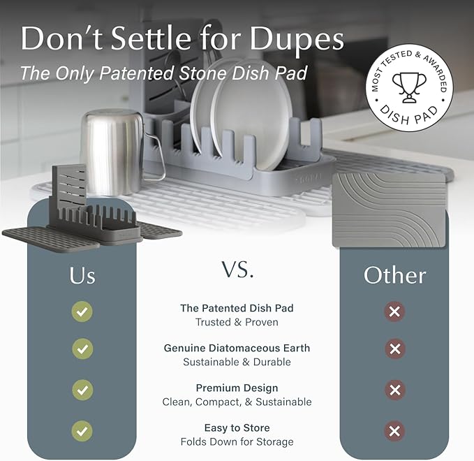 Dorai Home Collapsible Dish Drying Rack with Stone Dish Pad - Kitchen Counter Set with Diatomaceous Earth Stone Dish Mat for Quick Drying - Space-Saving Design - Original 19.9"x15.2", Slate