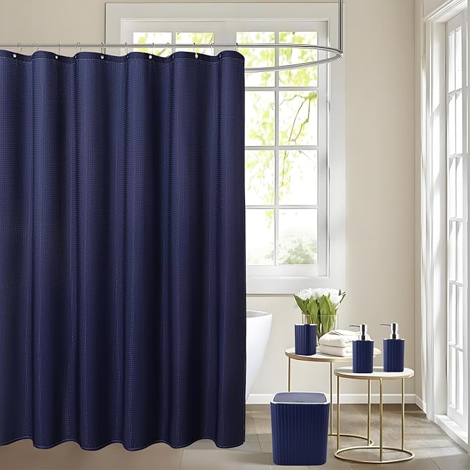 Bathroom Set with Shower Curtain and Rugs- 25PC Bathroom Accessory Set, Navy Blue Shower Curtain Set, Toilet Brush, Trash Can, Qtip Holder & Soap Dispenser