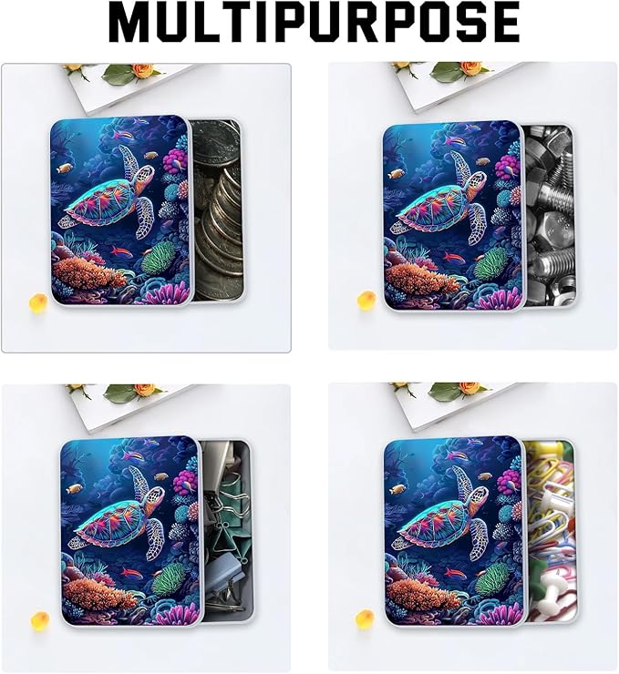 Metal Tin Box with Lid for Game Cards Home Organizer Candles Keys Crafts Storage - Equipped with 4 Magnetic Cord Clips，Sea Turtle