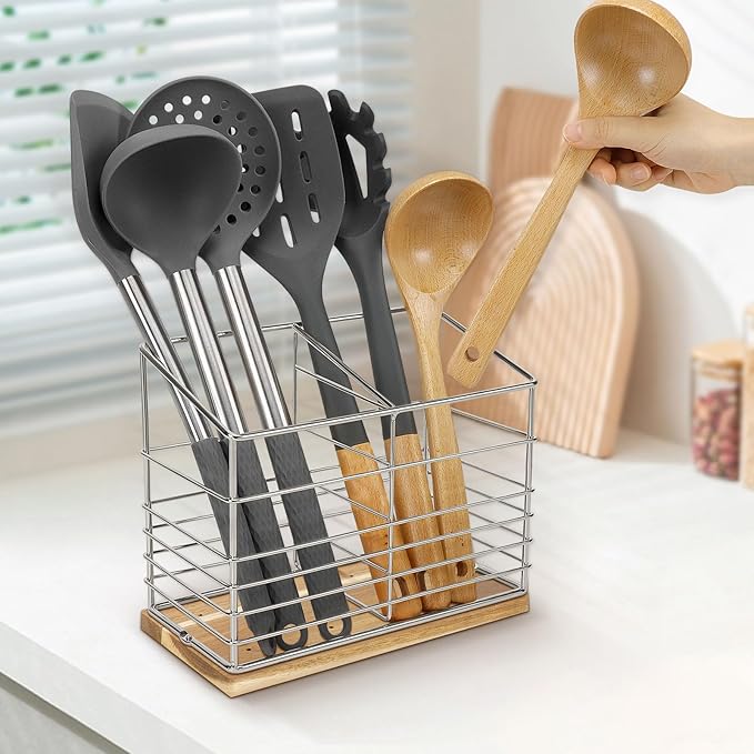 Utensil Holder for Kitchen Counter, Metal Utensil Holder Rack for Kitchen Countertop, Cooking Tools Storage for Spatula, Utensil Organizer with Wooden Base, and Drainage Hole (Chrome Wooden)